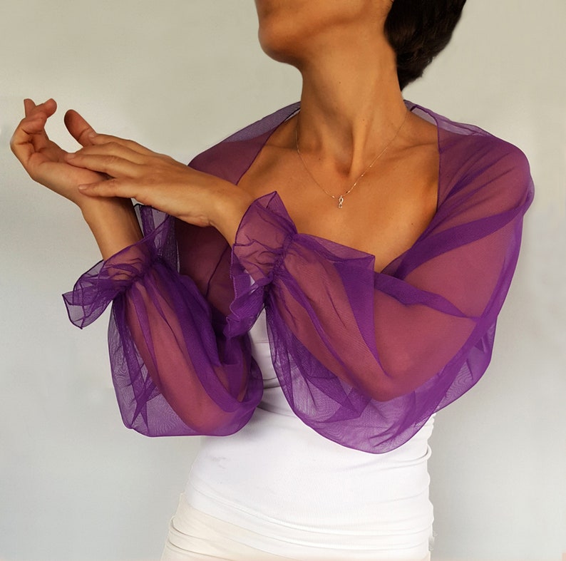 Veste de mariage en tulle, robe en tulle à manches bouffantes, couleur personnalisée ultra violet, violet foulard de demoiselle d'honneur enveloppement Capelet Ultra Violet