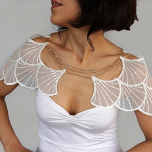 White sheer bridal capelet with sequins and shoulder chains, Sparkling tulle wedding shrug, Elegant epaulette cover-up, Statement piece