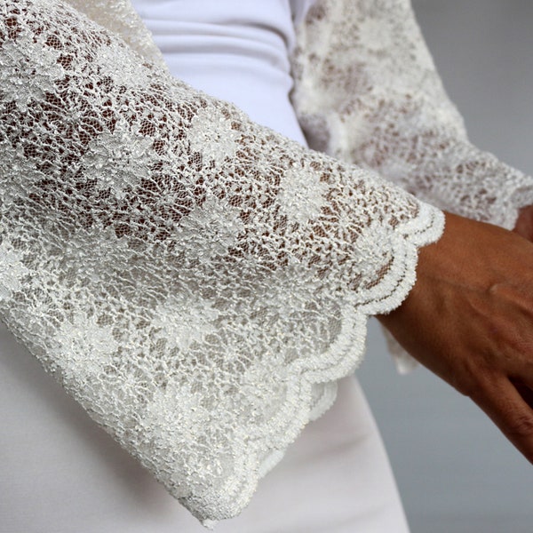 Boléro de mariée à manches longues, veste de mariage en dentelle blanche, veste de mariée, robe couvrante, capelet de mariée en dentelle, haussement d'épaules de soirée à manches