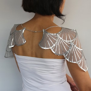 Bridal shoulder chain, Bridal shrug metallic gray sequin wing sleeves, Special occasion wedding cape harness fashion, Bolero modern romantic image 2