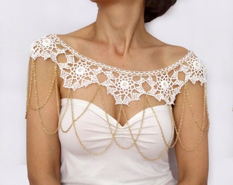 White lace bridal shoulder necklace, Wedding shoulder jewelry, Bridal chain capelet, Great Gatsby body accessory, Retro flapper cape bolero