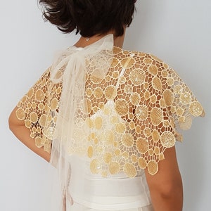 Champagne beige sequined bridal capelet, Wedding shoulder cover-up shawl, Honey lace dress topper, Bridal bolero shrug, Elegant wrap