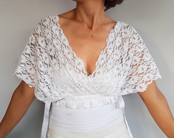 White lace crop top bridal blouse, Lace top for bride, Boho wedding separates top, Bridal shrug, Dress gown topper