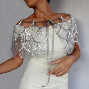 Silver sequin mesh bridal capelet, Scalloped shoulder wrap, Gray wedding shawl, Sheer dress topper, Formal evening cover up