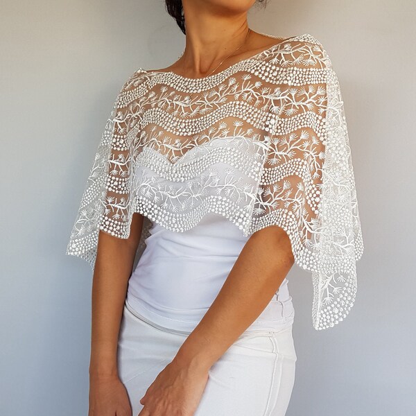 Bridal Lace Cape, Wedding Capelet, Embroidered Lace Bridal Cover Up, Gown Dress Cover, Bridal Shoulder Cover, Lace Top Bride Fashion