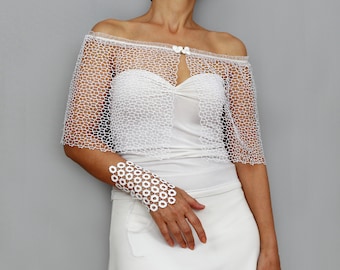 White net lace bridal capelet, Mesh summer wedding dress topper, Off the shoulder cover up shawl, Sheer wedding cape shrug