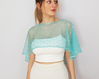 Capa nupcial turquesa: capa de lentejuelas color aguamarina para bodas, cubierta transparente