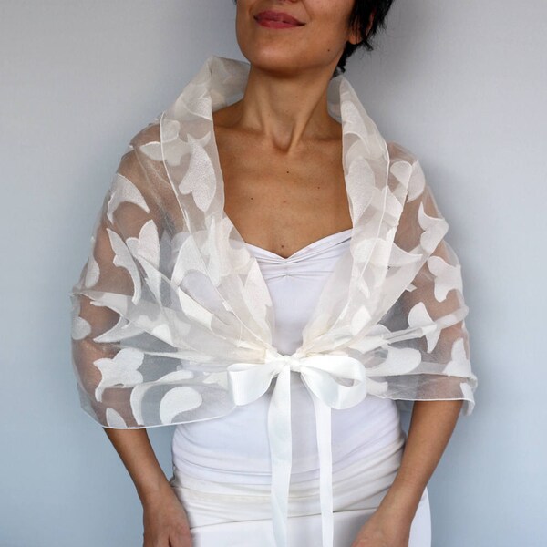 Cream organza bridal shawl, 3D shoulder wrap stole, Ecru wedding dress cover-up, Evening shrug, Romantic modern shabby chic wedding top