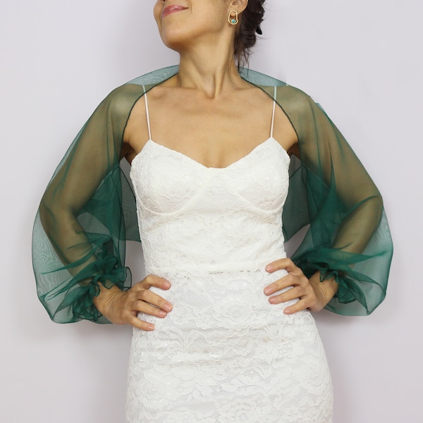 Emerald green bridesmaid dress cover up shawl, Puff sleeved bridal bolero, Tulle bridal wrap shrug, Mesh wedding jacket, CUSTOM COLORS