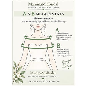 Measurement guide for a custom-fit bridal shoulder capelet, illustrating the A and B measurements needed to determine the fit across the shoulders and upper body.
