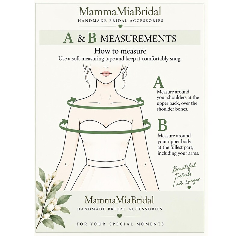 Measurement guide for a custom-fit bridal shoulder capelet, illustrating the A and B measurements needed to determine the fit across the shoulders and upper body.