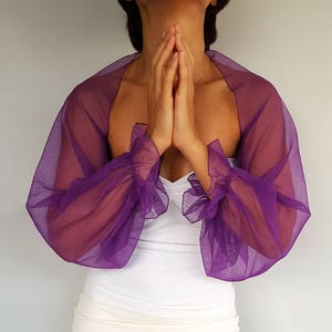 Veste de mariage en tulle, robe en tulle à manches bouffantes, couleur personnalisée ultra violet, violet foulard de demoiselle d'honneur enveloppement Capelet image 3