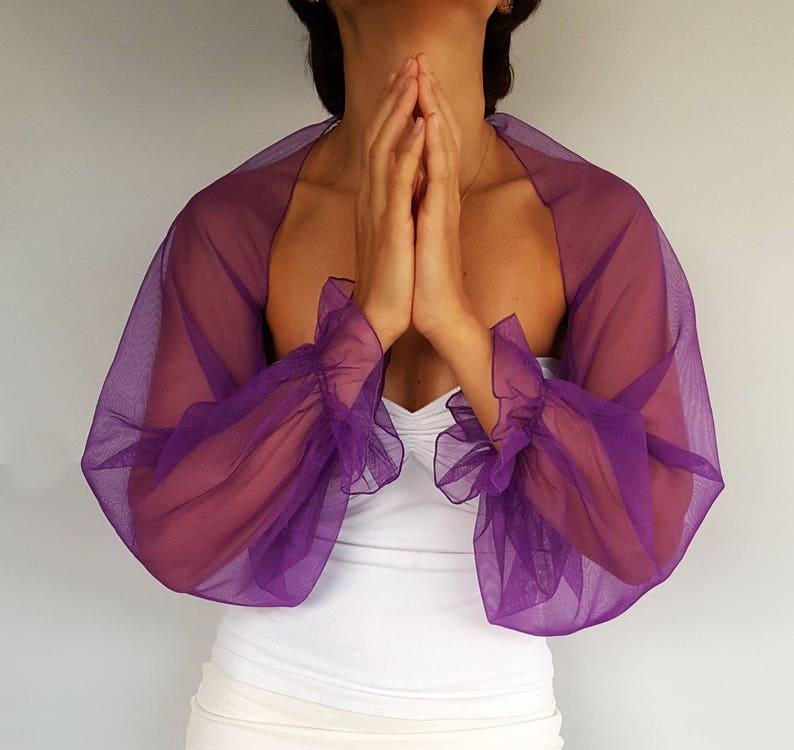 Veste de mariage en tulle, robe en tulle à manches bouffantes, couleur personnalisée ultra violet, violet foulard de demoiselle d'honneur enveloppement Capelet image 3