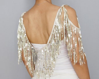 Bridal shoulder necklace, Great Gatsby costume, Shoulder jewelry capelet, Sequin bridal capelet, Fringed 1920s flapper cape, Wedding bolero