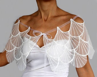 Scalloped Sequin Bridal Capelet: Multi Color Tulle Wedding Shoulder Wrap