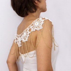 White lace bridal shoulder necklace, Wedding shoulder jewelry, Bridal chain capelet, Great Gatsby body accessory, Retro flapper cape bolero image 8