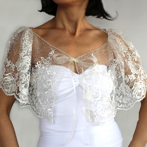 Embroidered Tulle Bridal Capelet: Lace Wedding Shrug, Off-White Bolero