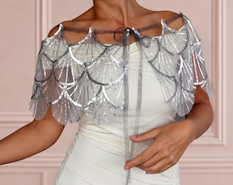 Silbernes Pailletten-Brautcape, Schultertuch mit Muschelsaum für die Hochzeit, transparentes Oberteil für ein Gatsby-Kleid