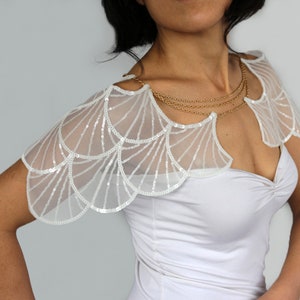 White sequin bridal bolero, Wing sleeved sparkling wedding cape, Shoulder chain shrug harness, Extravagant cover up, Festival epaulette image 2