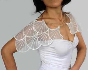 White Sequin Bridal Capelet with Shoulder Chains, Sheer Wedding Topper