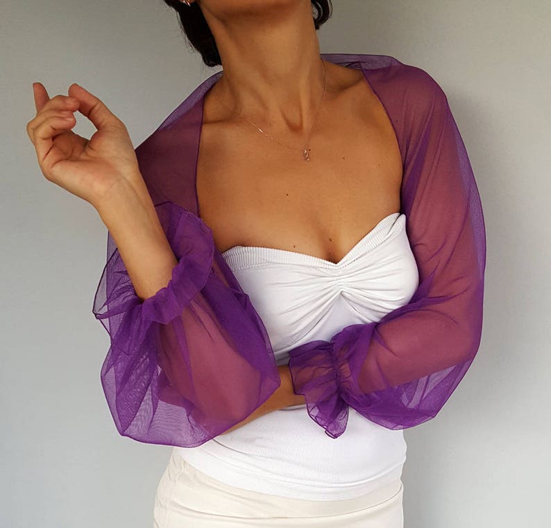 Veste de mariage en tulle, robe en tulle à manches bouffantes, couleur personnalisée ultra violet, violet foulard de demoiselle d'honneur enveloppement Capelet image 7