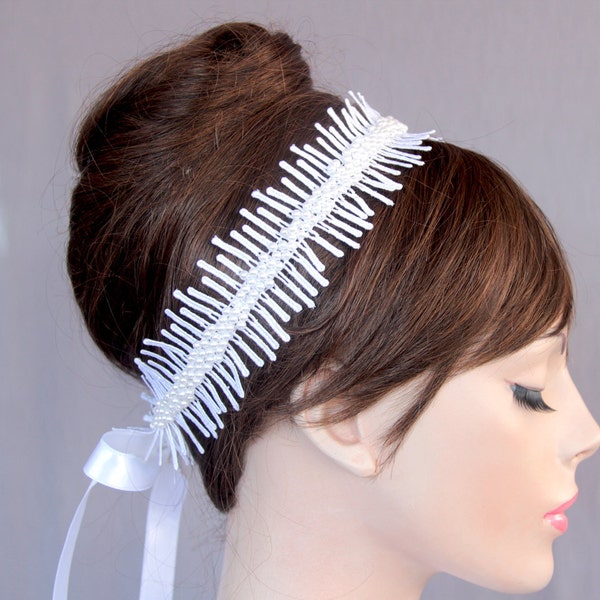 Lace Bridal Ribbon Headband in Old Roman Style: Pearl Beaded Tiara - Bridal Sash Belt. Handmade.