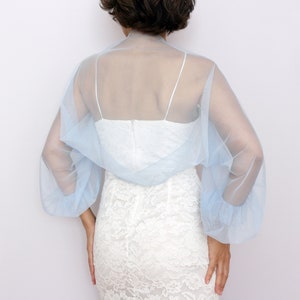 Sky blue puff sleeved wedding jacket, Mesh dress topper, Tulle shoulder cover up, CUSTOM COLOR, Bridesmaids shrug capelet, Evening wrap image 7