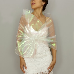 Iridescent organza bridal shawl, Sheer wedding wrap, Pull through cover up, Hands-free wedding shawl, Bride shoulder stole