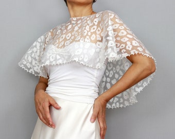 Ecru organza beaded wedding shawl cape, Sheer off-white bridal capelet, Mesh bolero shrug, Cocktail dress cover up, Shoulder stole