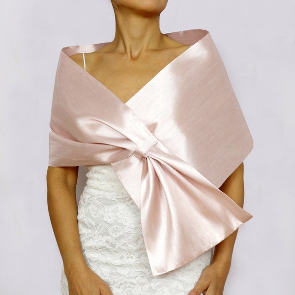 Pastel pink wedding shoulder wrap with bow, Bridal dress cover up shawl, Evening dress topper, Mother of the bride formal wear, Elegant cape