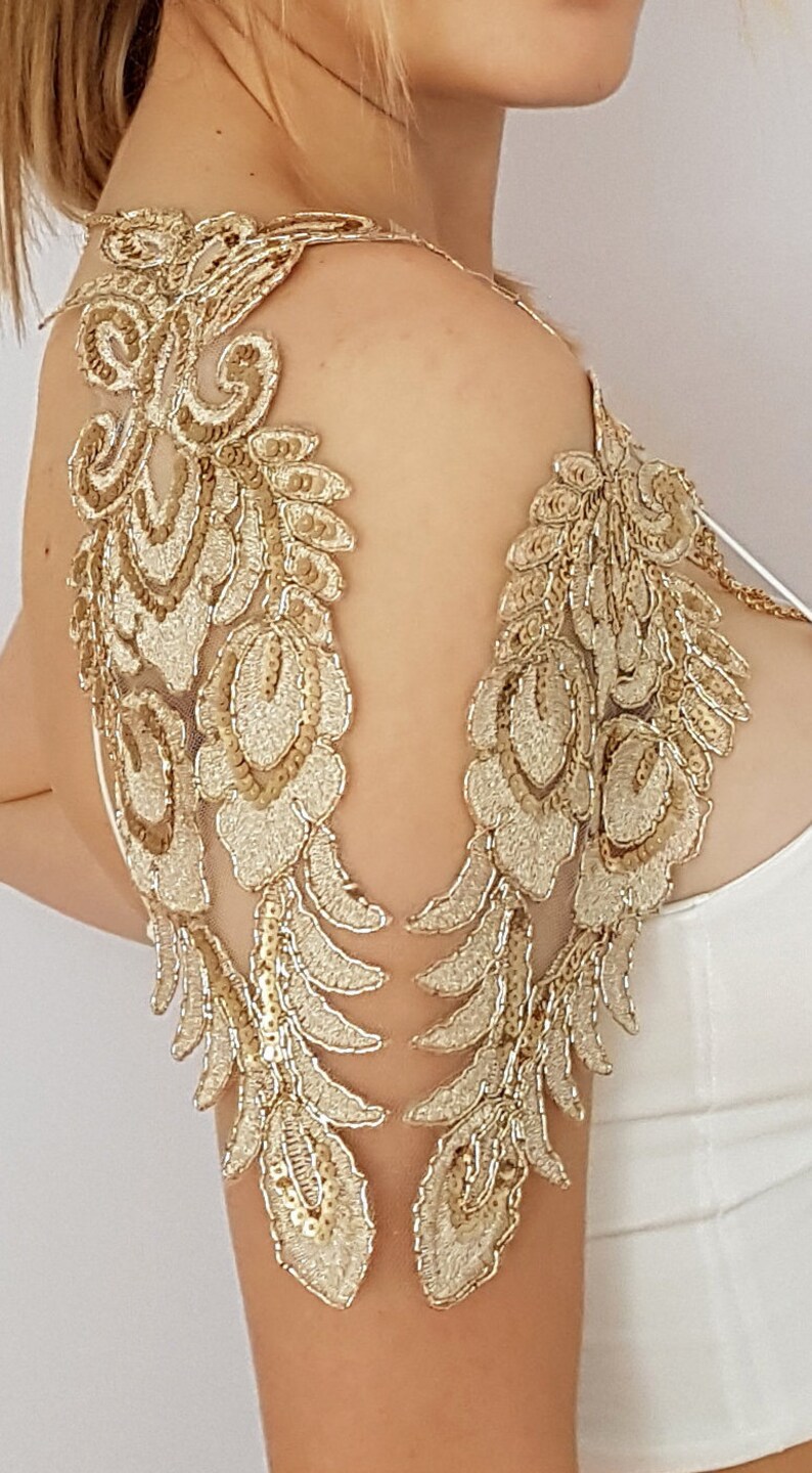 Bridal shoulder necklace, Gold sequin bridal cape, Wing sleeves wedding cape, wedding bolero, bridal shrug bolero, Shoulder jewelry necklace image 2