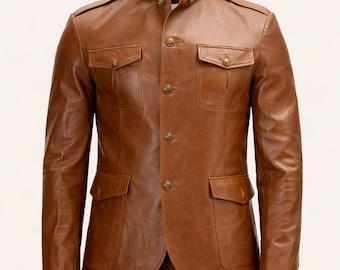 May include: A brown leather jacket with a mandarin collar, four front pockets, and button closures. The jacket has shoulder epaulets and a tailored fit. The leather appears to be distressed, giving it a vintage look.