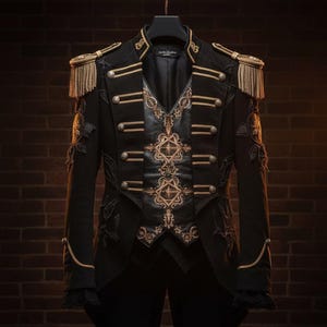 Puede incluir: Chaqueta negra de estilo militar con detalles dorados, incluyendo ribetes, botones y charreteras. La chaqueta presenta intrincados bordados dorados. Cuelga de una percha negra contra una pared de ladrillos.
