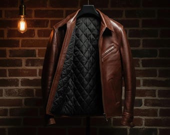 Men’s Brown Waxed Cowhide Leather Bomber Jacket | Premium Handmade Leather Jacket for Men