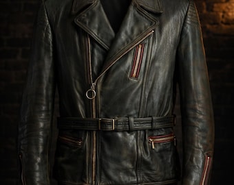 Vintage 1950s Men’s Leather Motorcycle Jacket – Waxed Leather Biker Jacket with Belt, Classic Retro Moto Style