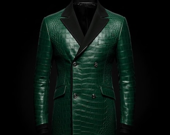 Premium Crocodile Texture Cowhide Blazer | Racing Green Leather Blazer for Men | Luxury Designer Style Jacket
