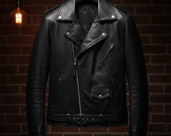 Puede incluir: Chaqueta de cuero negra de estilo motero clásico. La chaqueta presenta un cuello con solapas, cierre de cremallera asimétrico, múltiples bolsillos con cremallera y cintura con cinturón. Cuelga de una percha negra sobre una pared de ladrillos.