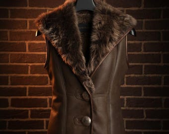 Women’s Toscana Lamb Fur Vest – Genuine Lambskin Waistcoat with Oversized Collar, Luxury Shearling Fur Gilet
