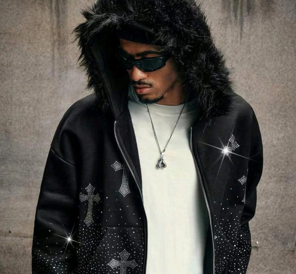 Luxury Men Diamond Crosses Rhinestones Fashion Black Zip Hoodie - Etsy