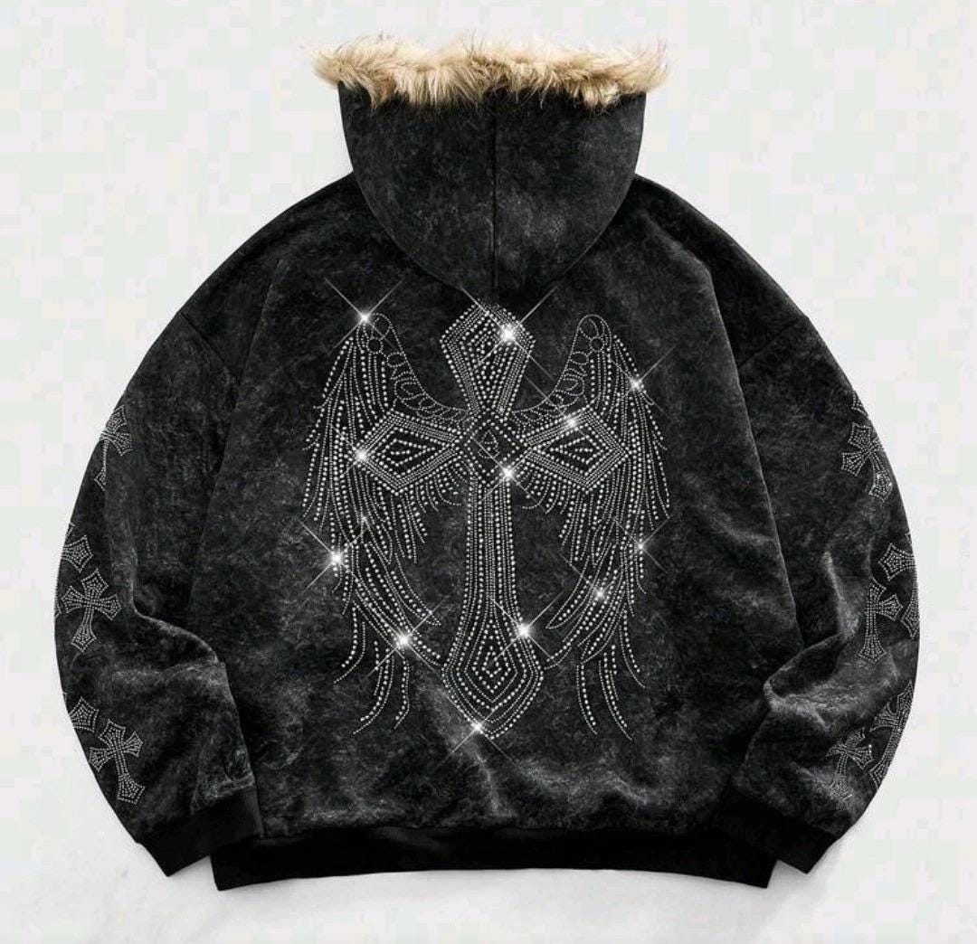 Men Diamond Crosses Wings Rhinestones Dark Gray Zip Hoodie High