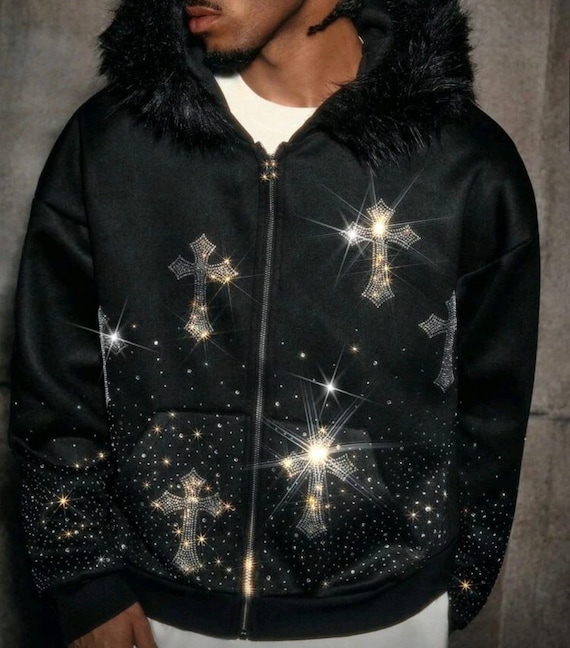 Luxury Men Diamond Crosses Rhinestones Fashion Black Zip Hoodie - Etsy