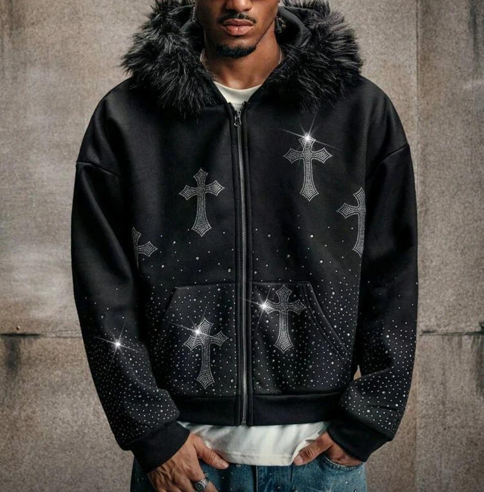 Luxury Men Diamond Crosses Rhinestones Fashion Black Zip Hoodie - Etsy