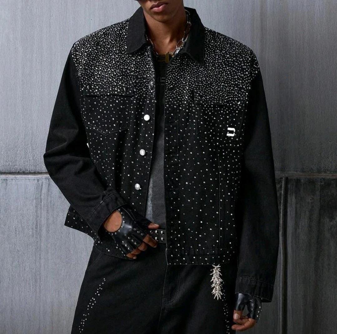 Men's Luxury Diamond Rhinestones Denim Black Jeans Jacket High Quality ...