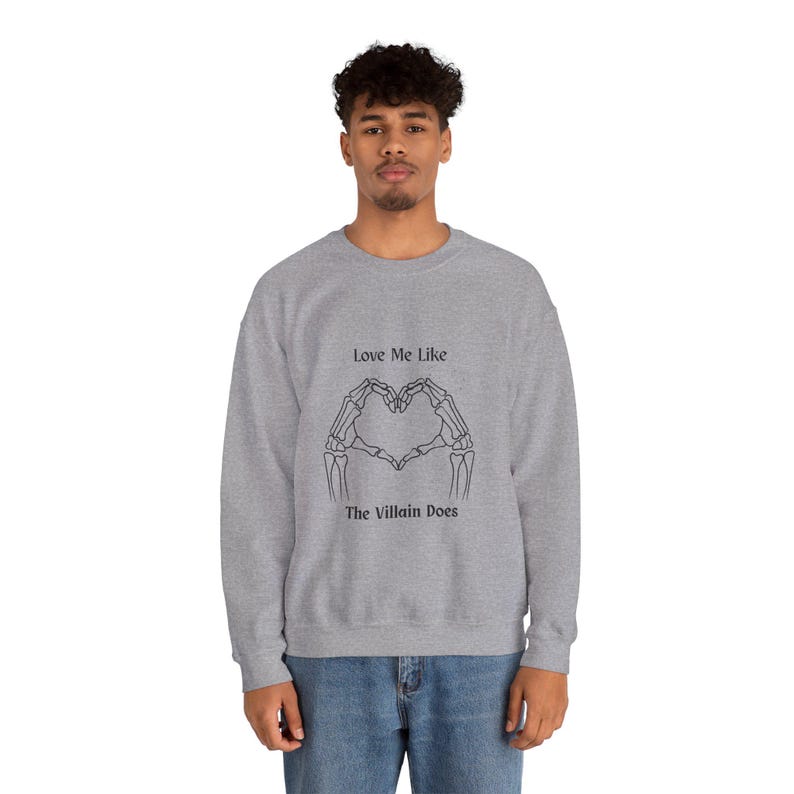 Villain Does Sweatshirt, Dark Romance Crewneck, Bookish Skeleton Heart Graphic image 5