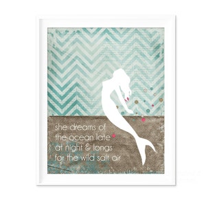 Mermaid Poster Gift for Teen Girl - Ocean Dreams Salt Air - Beach Inspired Digital Art Print Aqua Blue Chevron Inspirational Poster