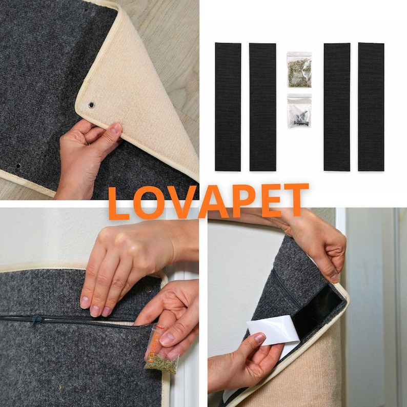 May include: A gray cat scratching mat with a beige border is shown in multiple views. The mat is being unrolled, and accessories like adhesive strips and catnip are included. The brand name "LOVAPET" is displayed in orange text.