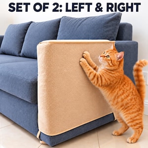 May include: A beige rectangular cat scratching pad attached to the side of a blue sofa. The text SET OF 2: LEFT & RIGHT is visible at the top. An orange tabby cat is standing on its hind legs, scratching the surface of the beige pad.