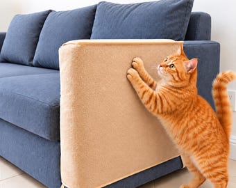 May include: A beige rectangular cat scratching pad attached to the side of a blue sofa. The text SET OF 2: LEFT & RIGHT is visible at the top. An orange tabby cat is standing on its hind legs, scratching the surface of the beige pad.