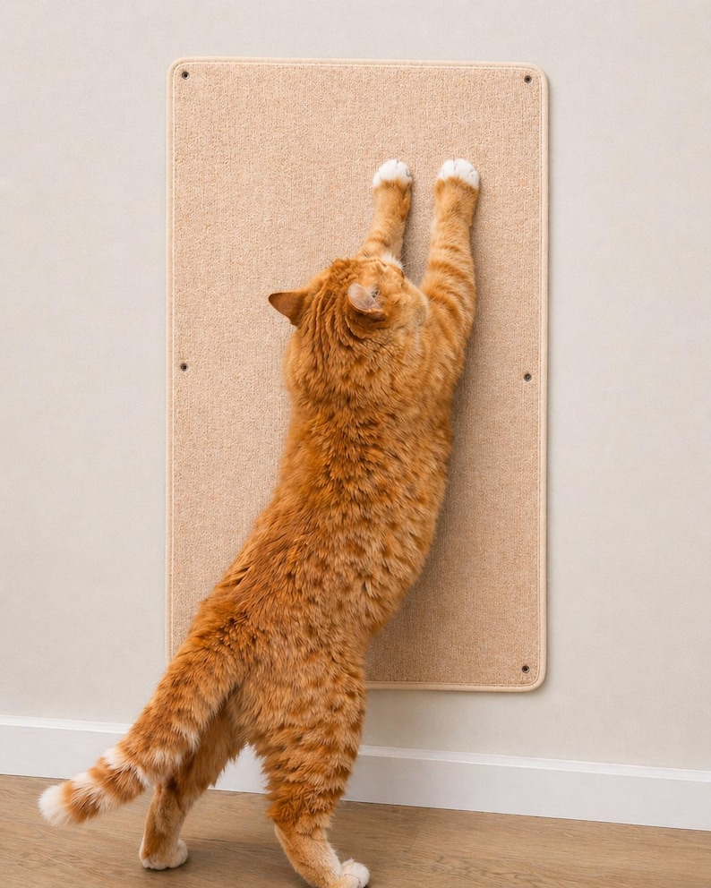 May include: An orange tabby cat stretching on a beige scratching board mounted on a wall. The cat is reaching up with its front paws, claws extended, while its hind legs are on the floor. The scratching board has a rectangular shape and is secured with screws.