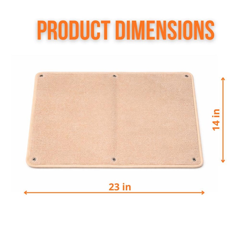 May include: A rectangular beige mat with rounded corners. The mat is 23 inches long and 14 inches wide. The text "PRODUCT DIMENSIONS" is displayed in orange at the top of the image.